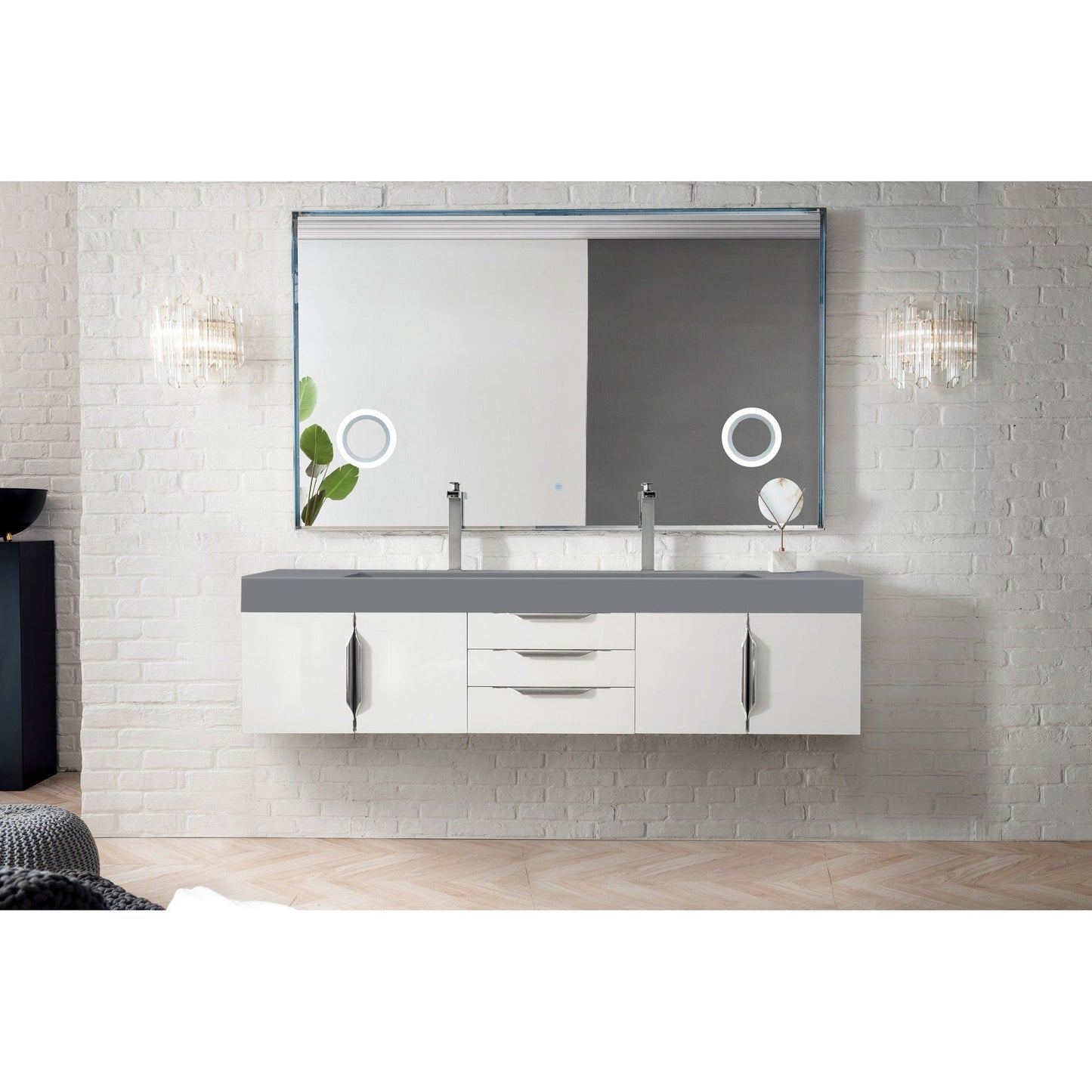 James Martin Vanities Mercer Island 72" Glossy White Double Vanity With Dusk Grey Glossy Composite Top