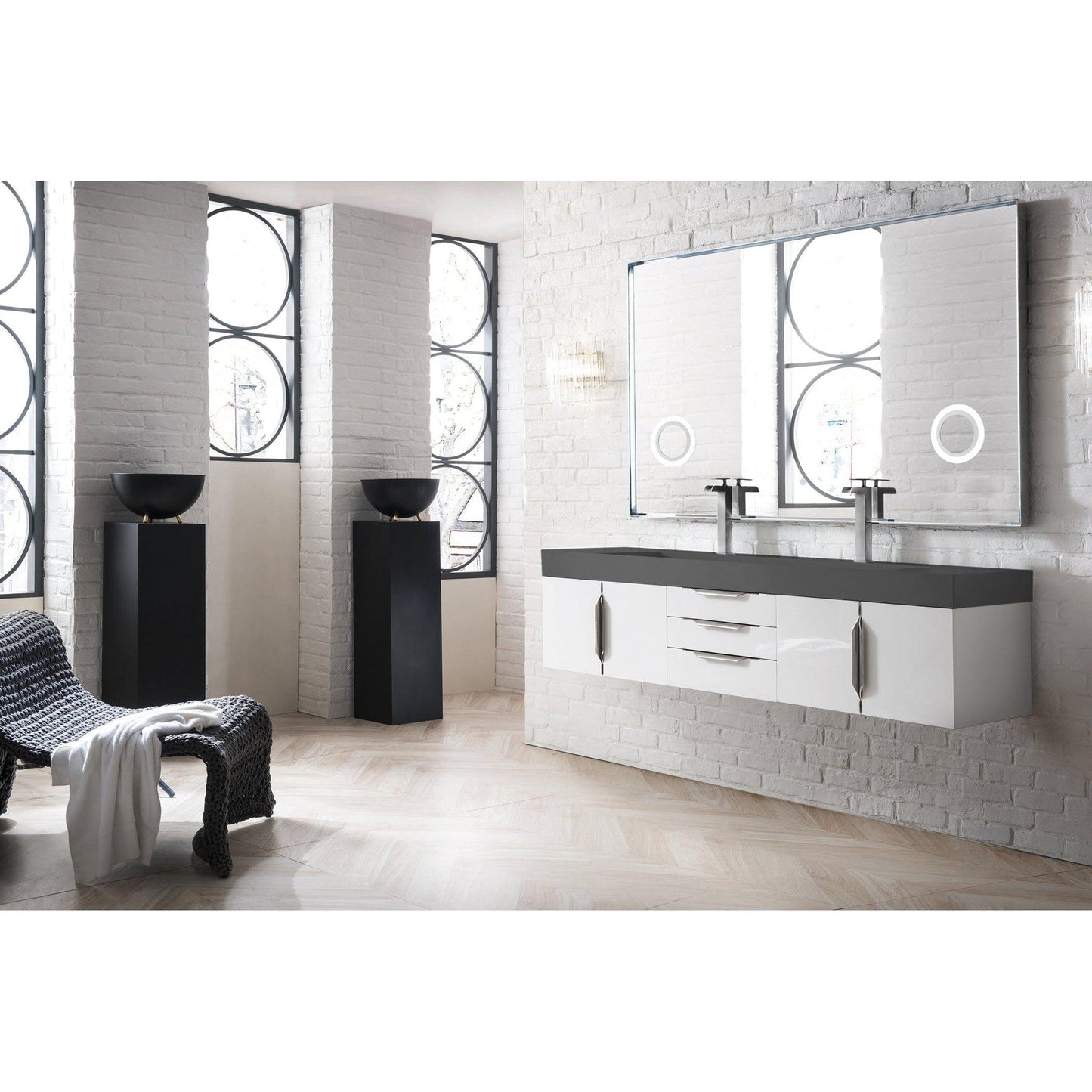 James Martin Vanities Mercer Island 72" Glossy White Double Vanity With Dusk Grey Glossy Composite Top