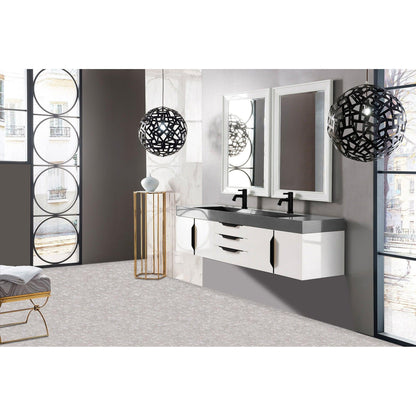 James Martin Vanities Mercer Island 72" Glossy White, Matte Black Double Vanity With Dusk Grey Glossy Composite Top