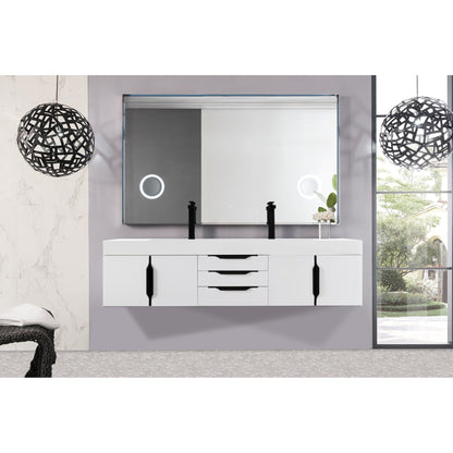 James Martin Vanities Mercer Island 72" Glossy White, Matte Black Double Vanity With Glossy White Composite Top