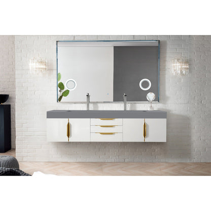 James Martin Vanities Mercer Island 72" Glossy White, Radiant Gold Double Vanity With Dusk Grey Glossy Composite Top