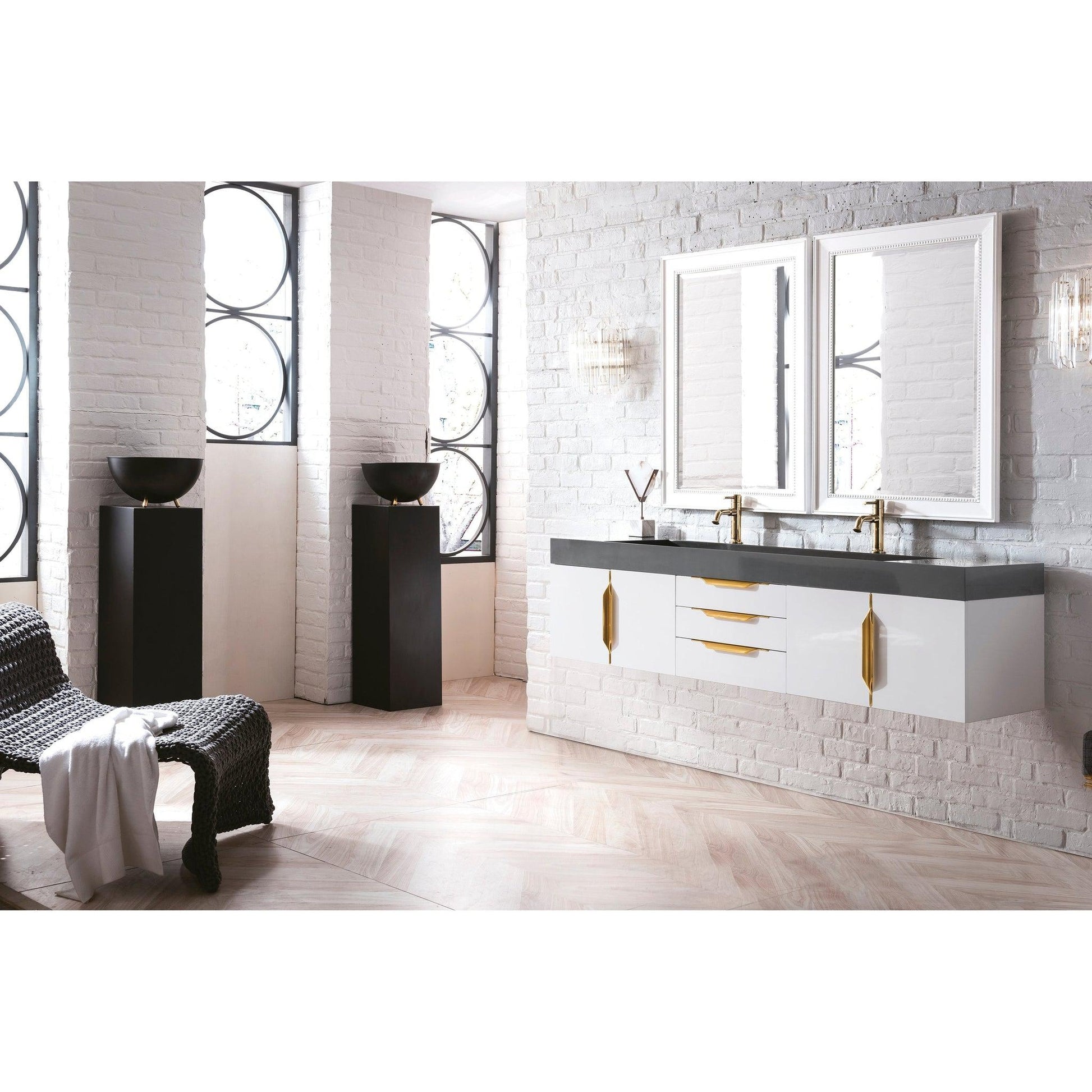 James Martin Vanities Mercer Island 72" Glossy White, Radiant Gold Double Vanity With Dusk Grey Glossy Composite Top