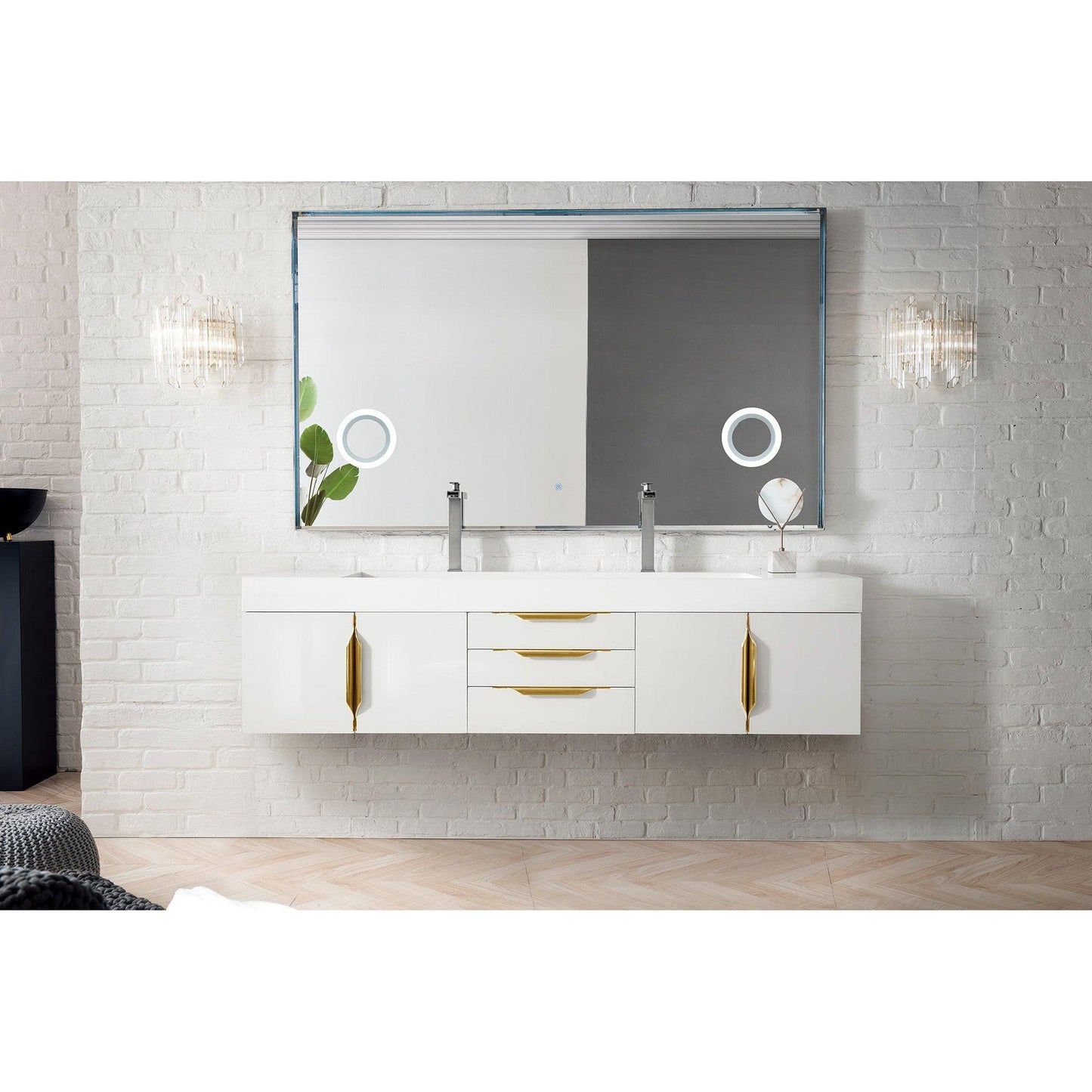 James Martin Vanities Mercer Island 72" Glossy White, Radiant Gold Double Vanity With Glossy White Composite Top