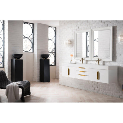 James Martin Vanities Mercer Island 72" Glossy White, Radiant Gold Double Vanity With Glossy White Composite Top