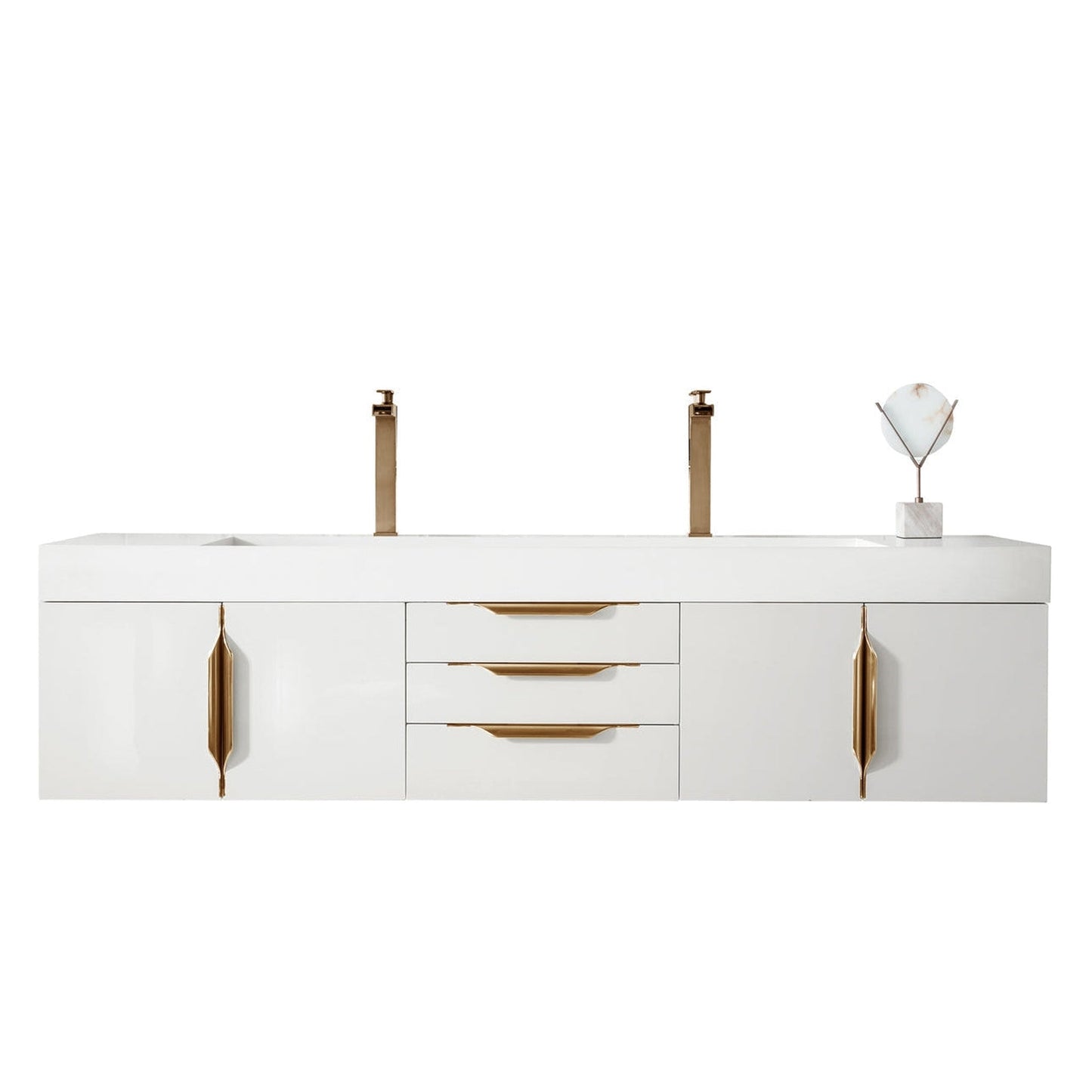 James Martin Vanities Mercer Island 72" Glossy White, Radiant Gold Double Vanity With Glossy White Composite Top