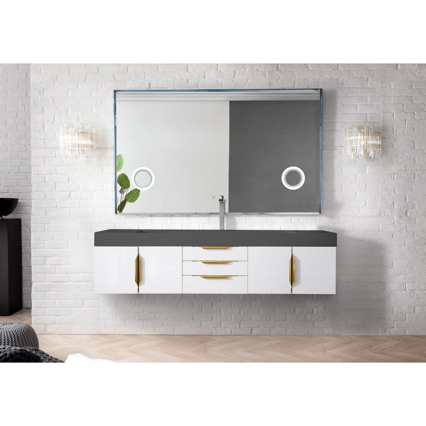 James Martin Vanities Mercer Island 72" Glossy White, Radiant Gold Single Vanity With Dusk Grey Glossy Composite Top