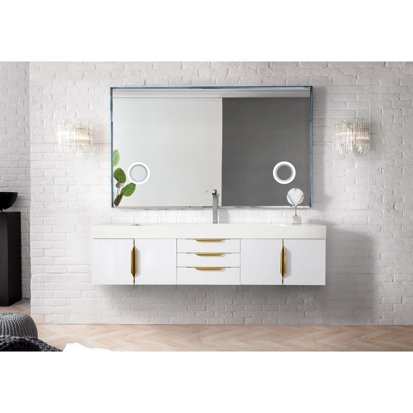 James Martin Vanities Mercer Island 72" Glossy White, Radiant Gold Single Vanity With Glossy White Composite Top