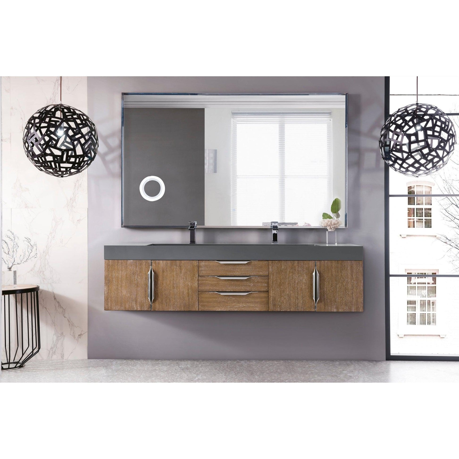 James Martin Vanities Mercer Island 72" Latte Oak Double Vanity With Dusk Grey Glossy Composite Top