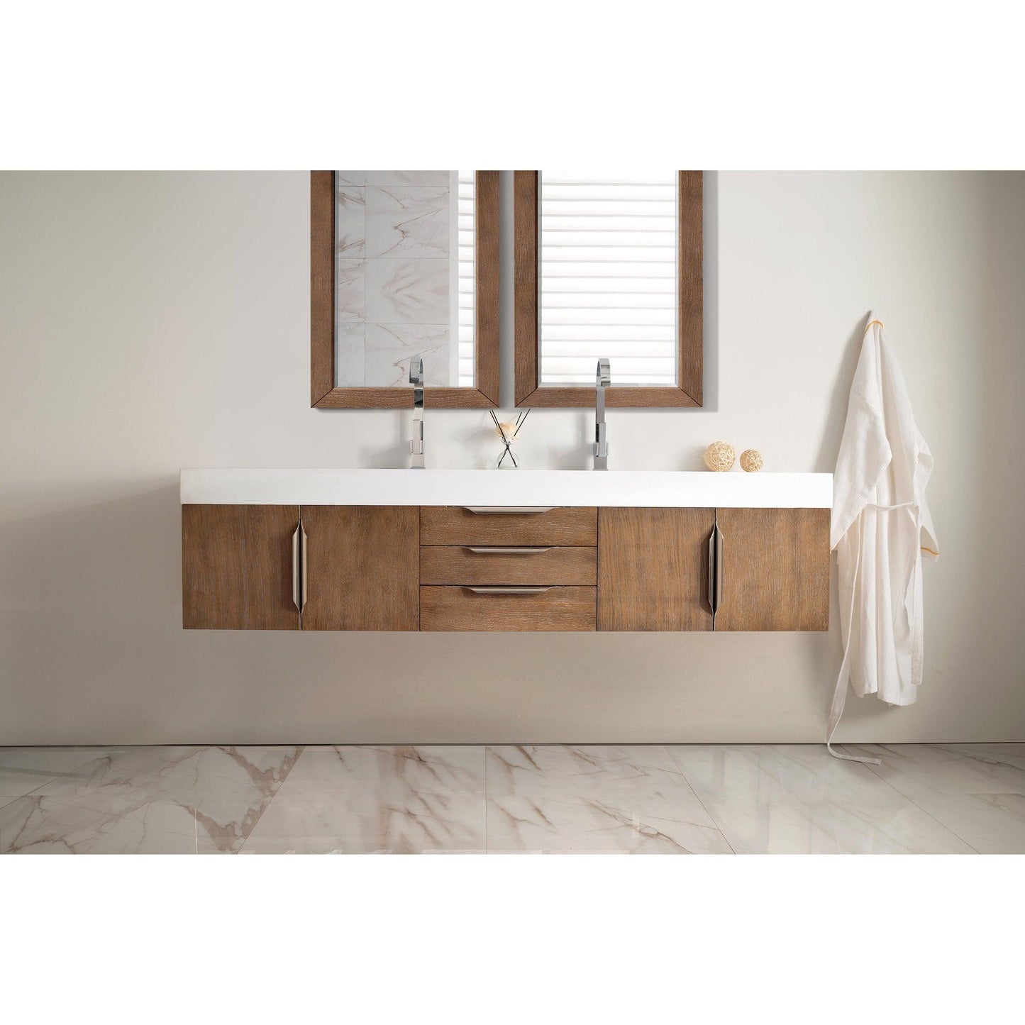 James Martin Vanities Mercer Island 72" Latte Oak Double Vanity With Glossy White Composite Top