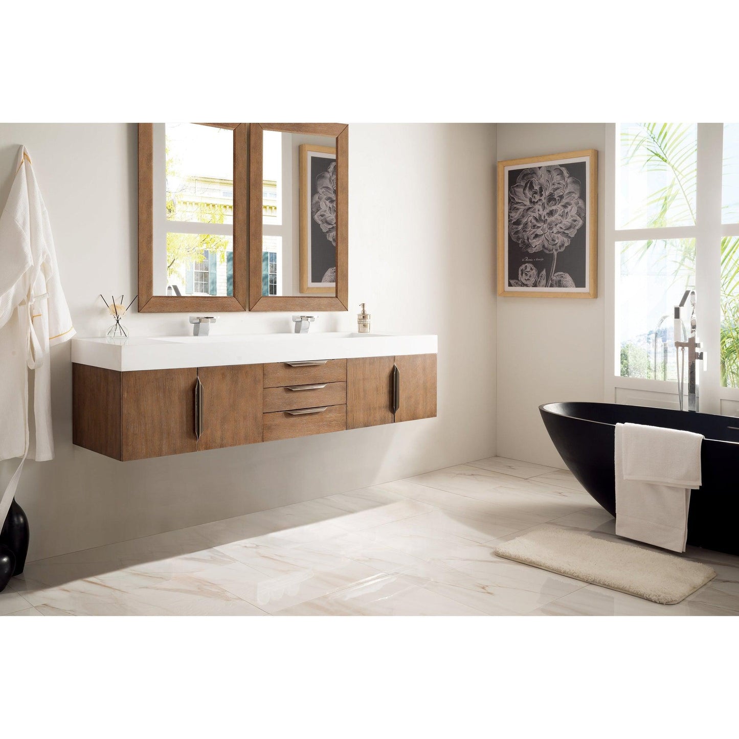 James Martin Vanities Mercer Island 72" Latte Oak Double Vanity With Glossy White Composite Top