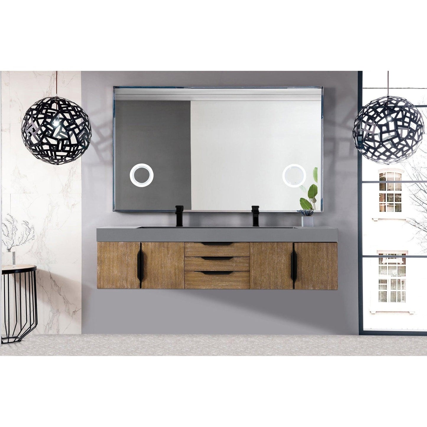 James Martin Vanities Mercer Island 72" Latte Oak, Matte Black Double Vanity With Dusk Grey Glossy Composite Top