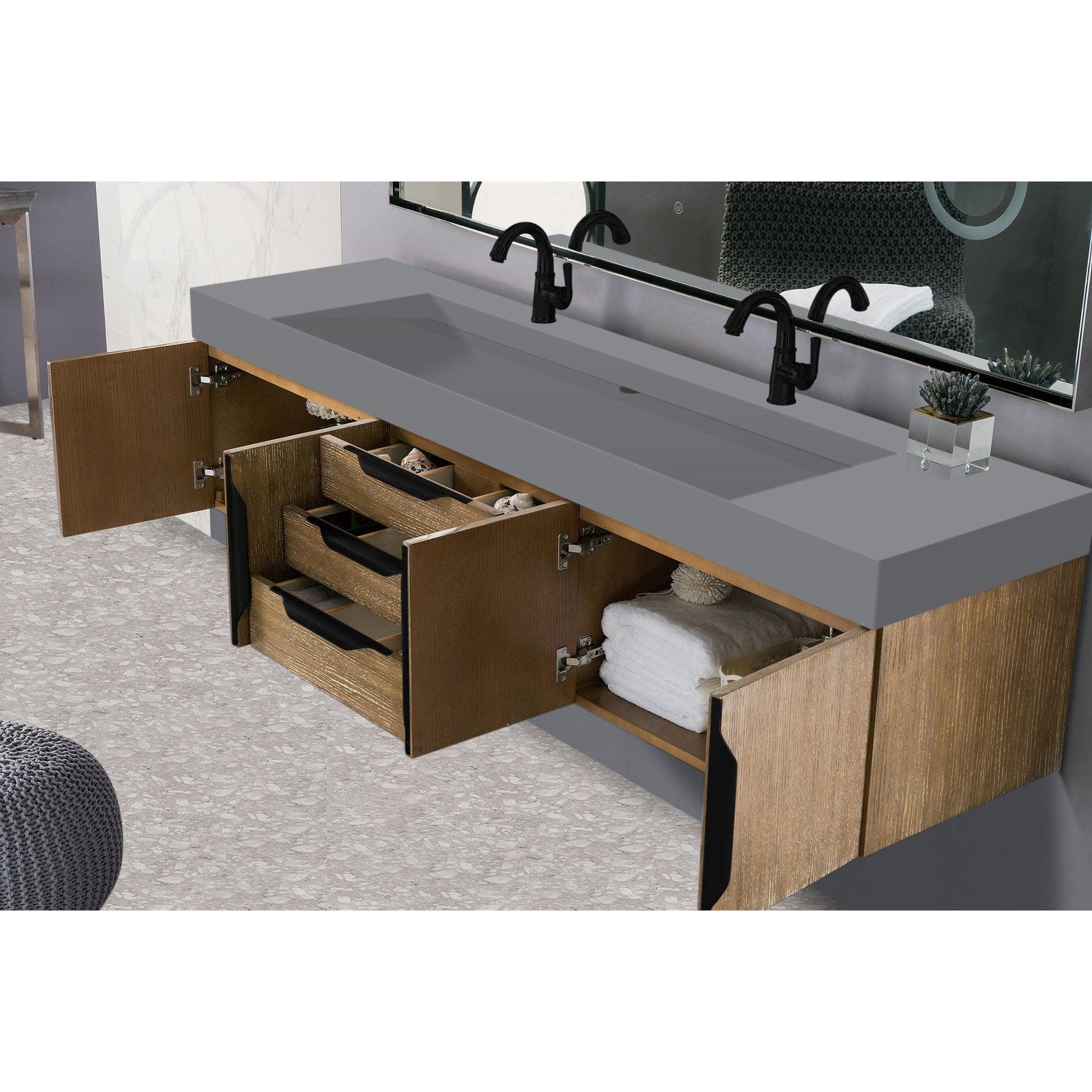 James Martin Vanities Mercer Island 72" Latte Oak, Matte Black Double Vanity With Dusk Grey Glossy Composite Top