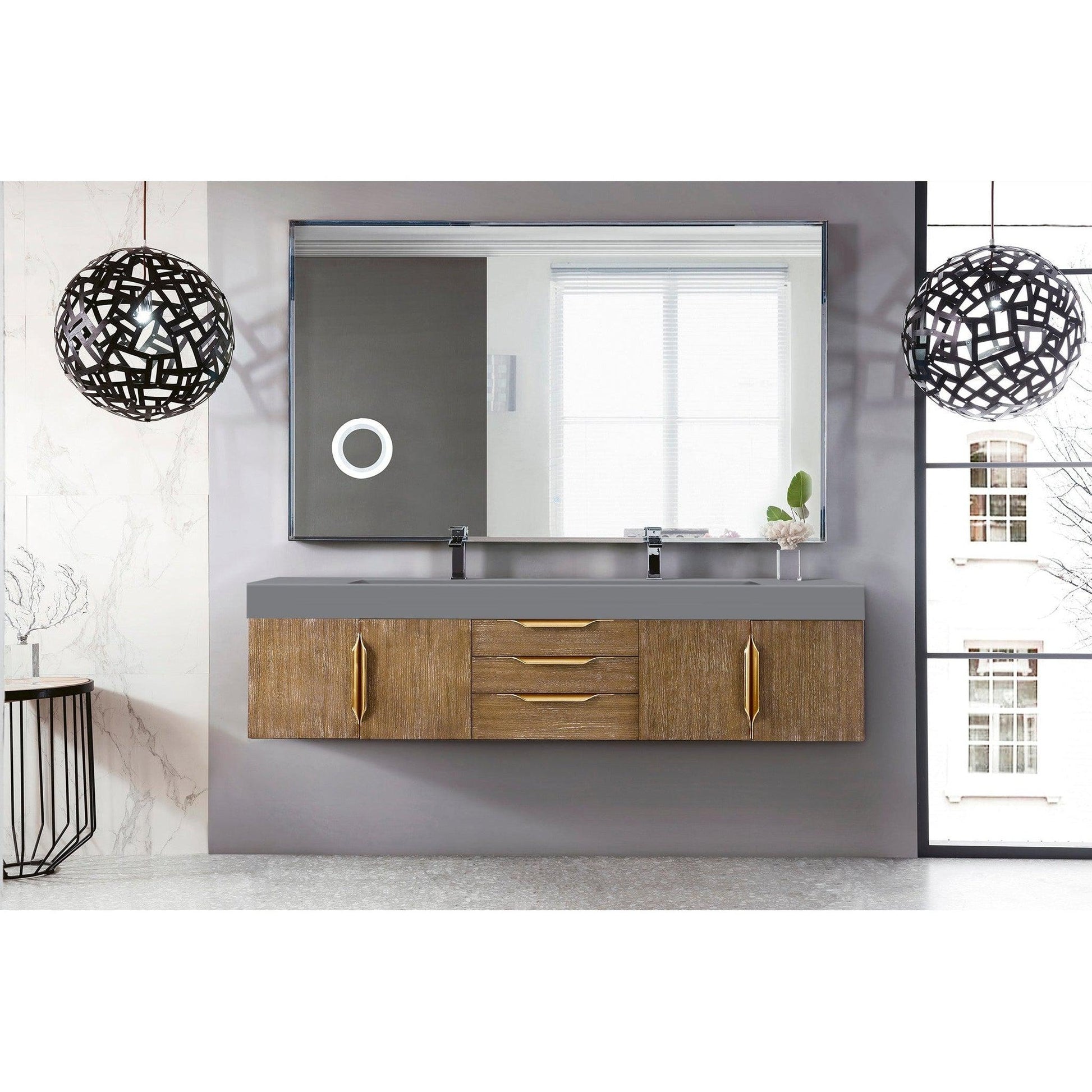 James Martin Vanities Mercer Island 72" Latte Oak, Radiant Gold Double Vanity With Dusk Grey Glossy Composite Top