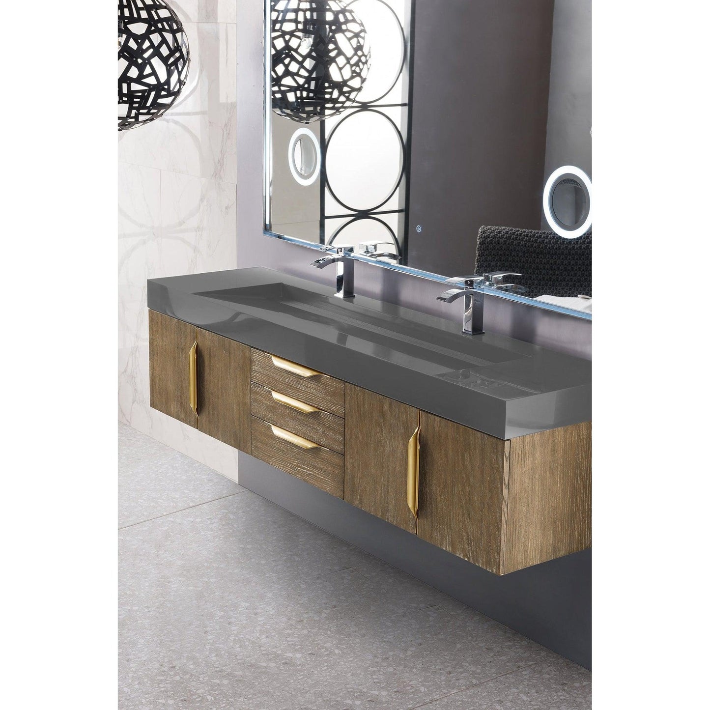 James Martin Vanities Mercer Island 72" Latte Oak, Radiant Gold Double Vanity With Dusk Grey Glossy Composite Top