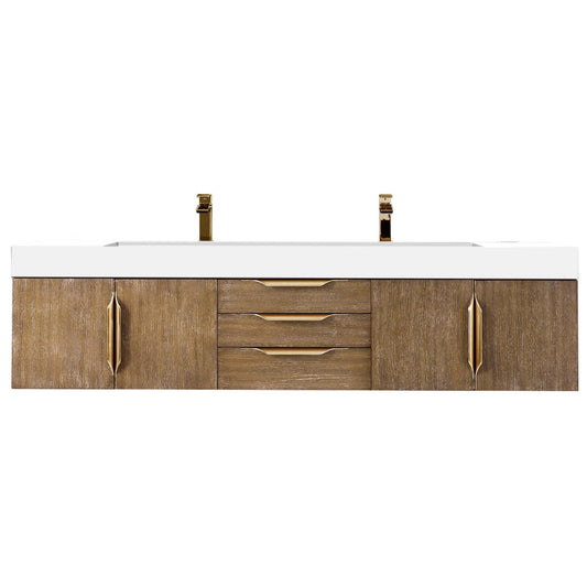 James Martin Vanities Mercer Island 72" Latte Oak, Radiant Gold Double Vanity With Glossy White Composite Top