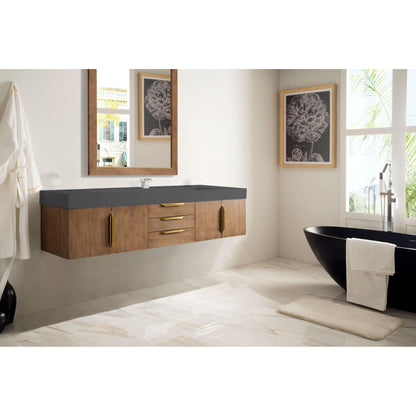 James Martin Vanities Mercer Island 72" Latte Oak, Radiant Gold Single Vanity With Dusk Grey Glossy Composite Top