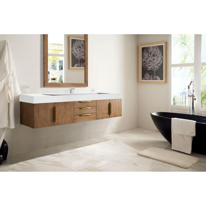 James Martin Vanities Mercer Island 72" Latte Oak, Radiant Gold Single Vanity With Glossy White Composite Top