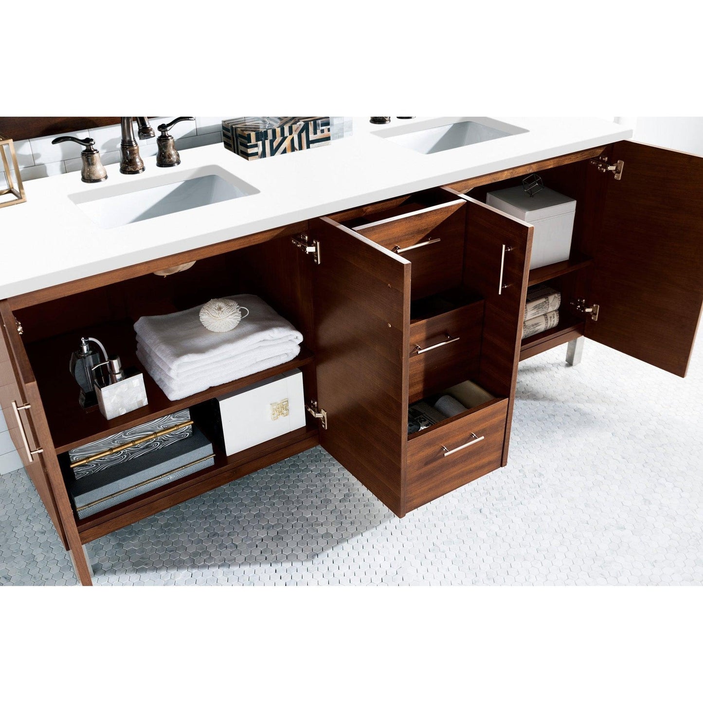 James Martin Vanities Metropolitan 72" American Walnut Double Vanity With 3cm White Zeus Quartz Top