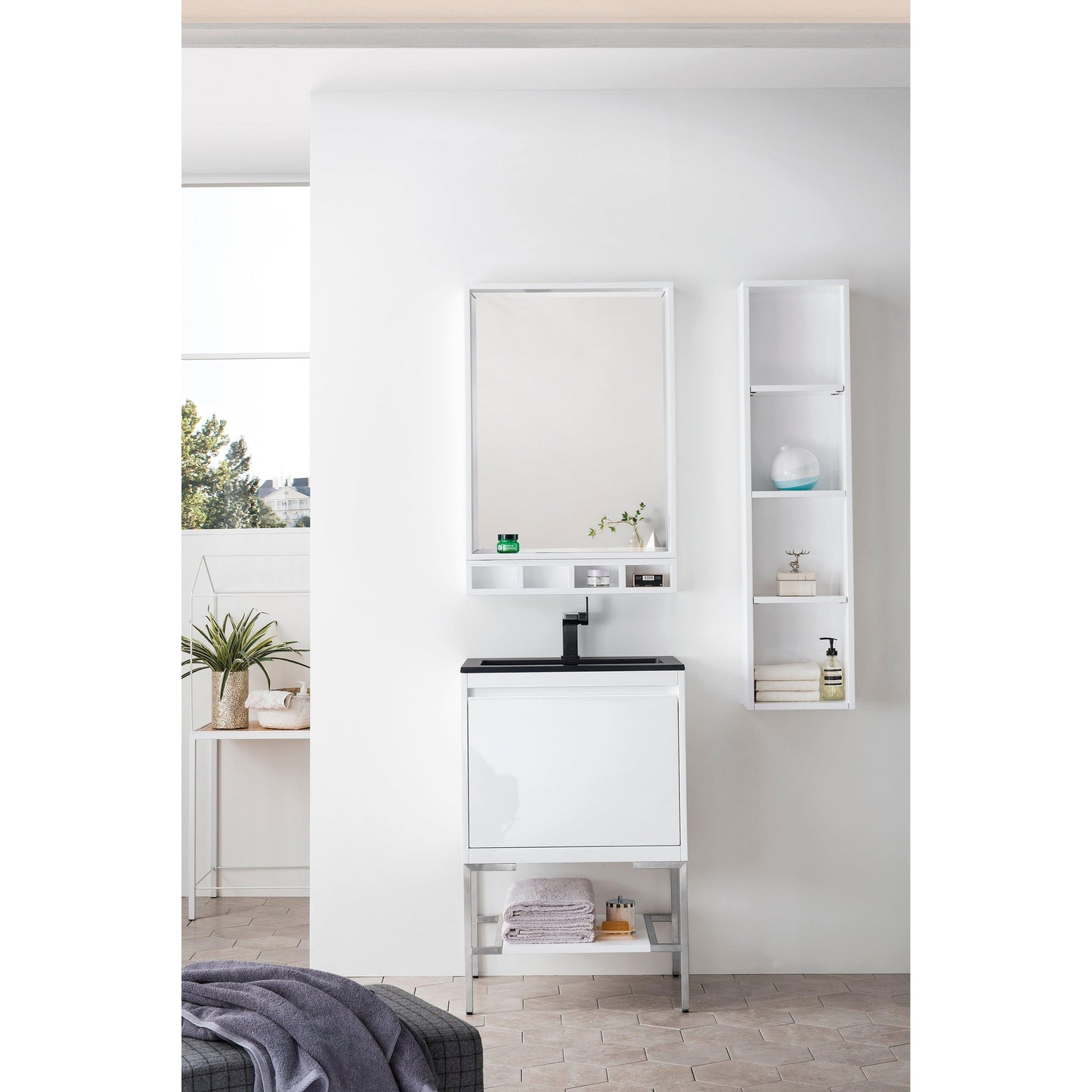 James Martin Vanities Milan 23.6" Glossy White, Brushed Nickel Single Vanity Cabinet With Charcoal Black Composite Top
