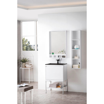 James Martin Vanities Milan 23.6" Glossy White, Brushed Nickel Single Vanity Cabinet With Charcoal Black Composite Top