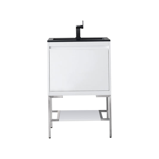 James Martin Vanities Milan 23.6" Glossy White, Brushed Nickel Single Vanity Cabinet With Charcoal Black Composite Top