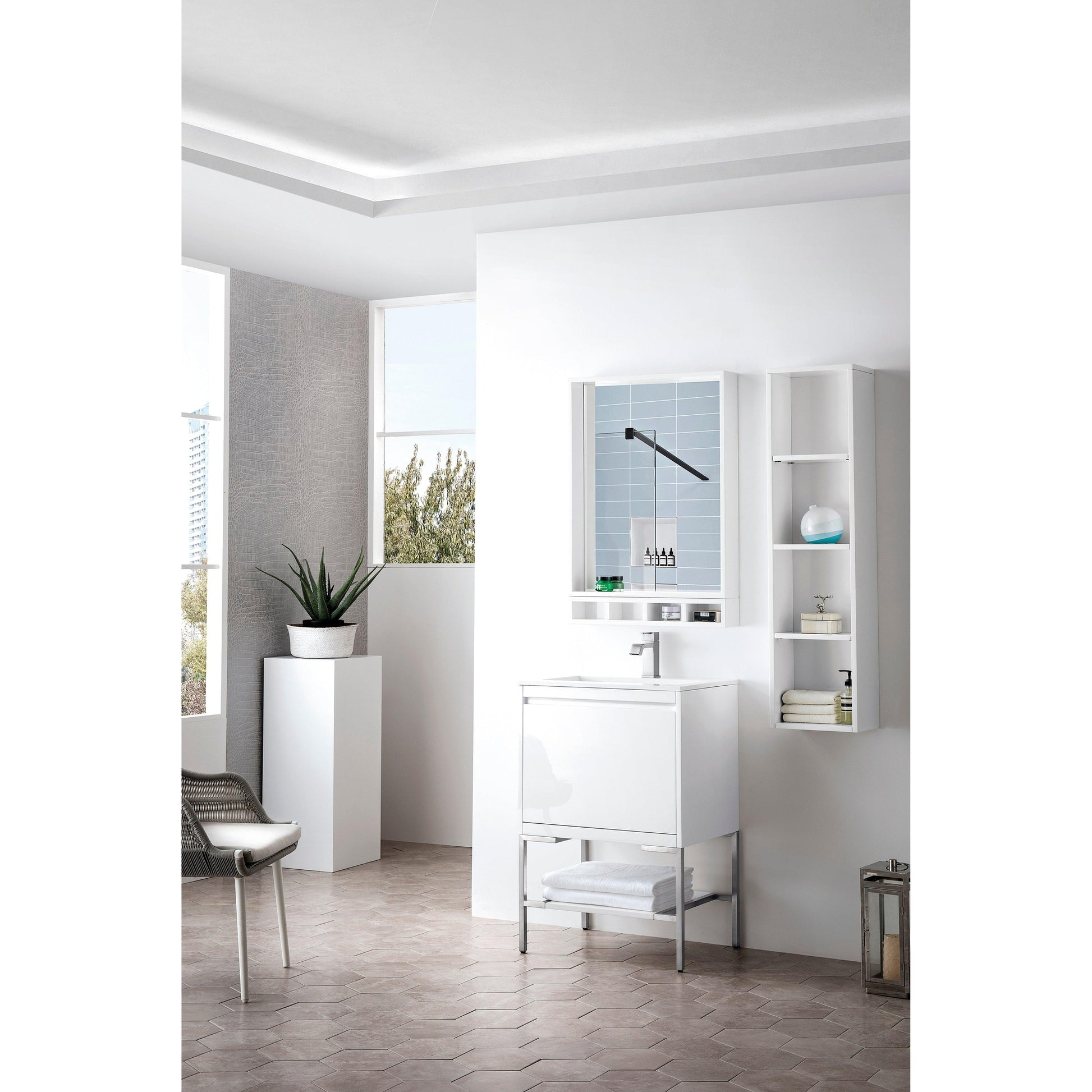 James Martin Vanities Milan 23.6" Glossy White, Brushed Nickel Single Vanity Cabinet With Glossy White Composite Top
