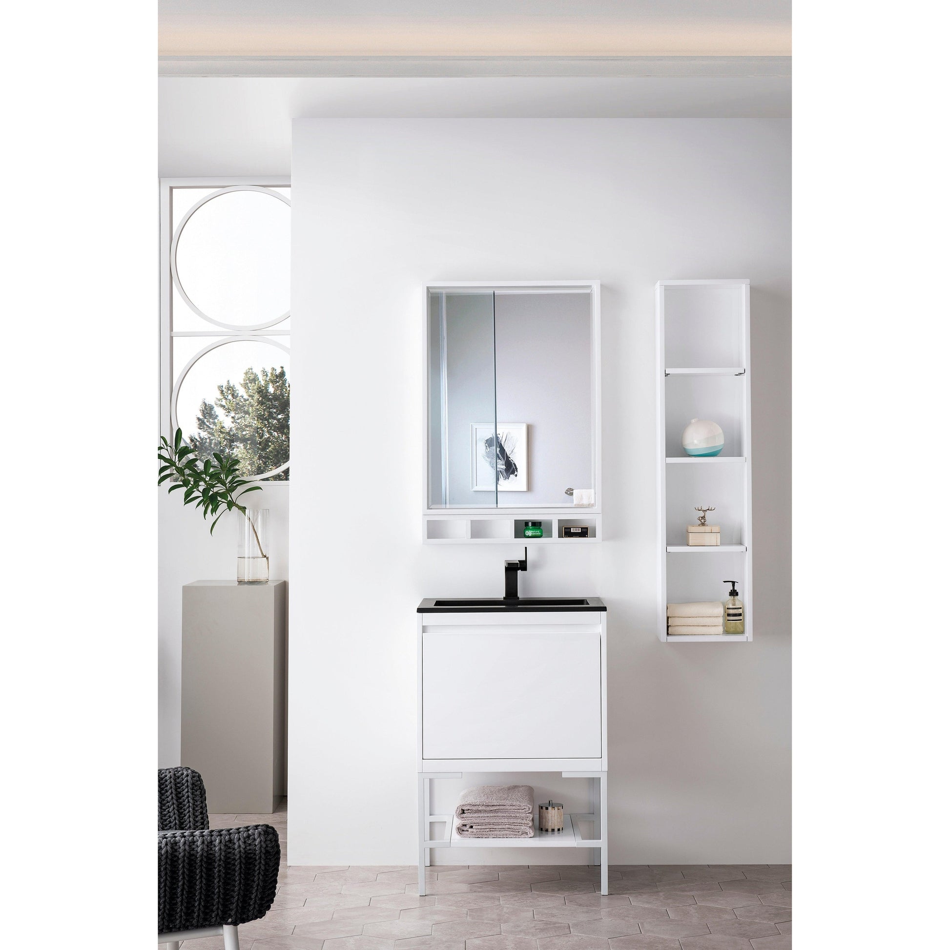 James Martin Vanities Milan 23.6" Glossy White, Glossy White Single Vanity Cabinet With Charcoal Black Composite Top