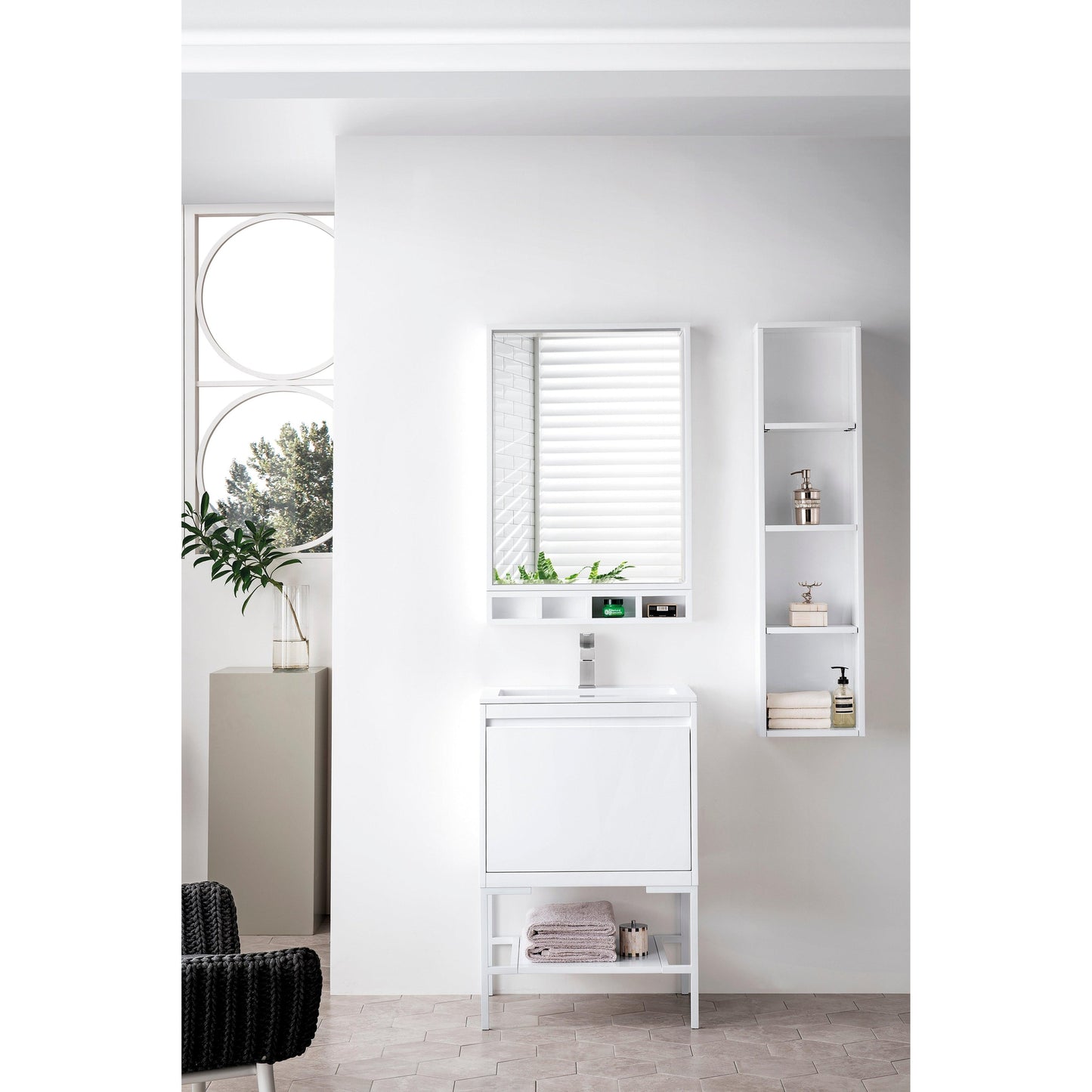 James Martin Vanities Milan 23.6" Glossy White, Glossy White Single Vanity Cabinet With Glossy White Composite Top