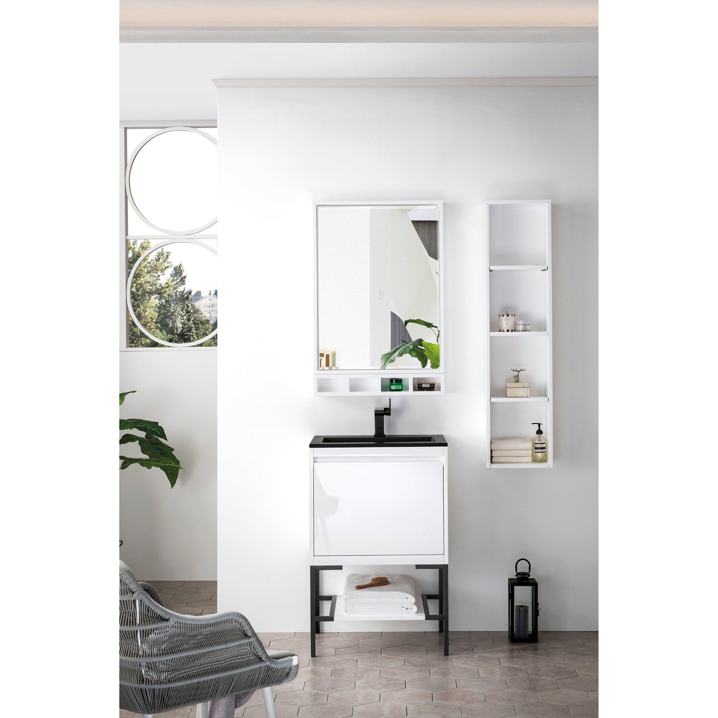 James Martin Vanities Milan 23.6" Glossy White, Matte Black Single Vanity Cabinet With Charcoal Black Composite Top