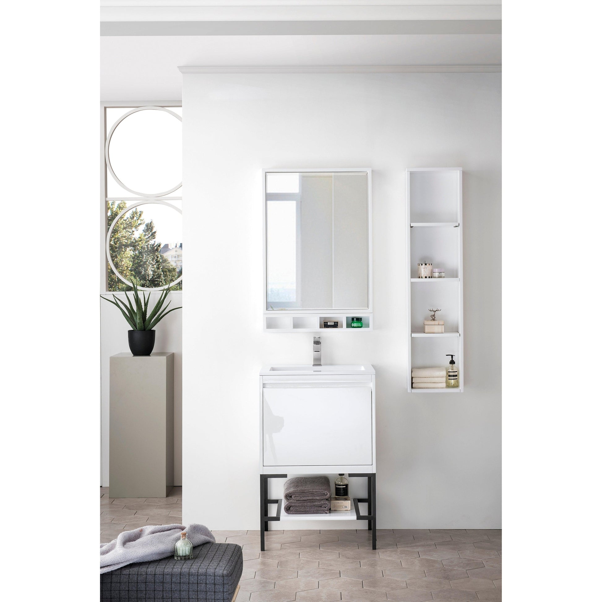 James Martin Vanities Milan 23.6" Glossy White, Matte Black Single Vanity Cabinet With Glossy White Composite Top