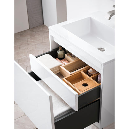 James Martin Vanities Milan 23.6" Glossy White, Matte Black Single Vanity Cabinet With Glossy White Composite Top