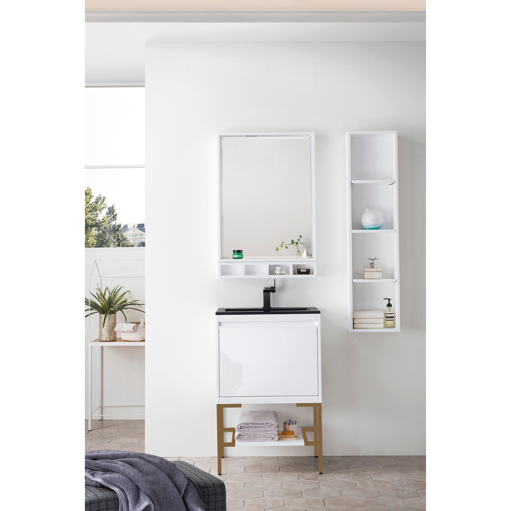 James Martin Vanities Milan 23.6" Glossy White, Radiant Gold Single Vanity Cabinet With Charcoal Black Composite Top