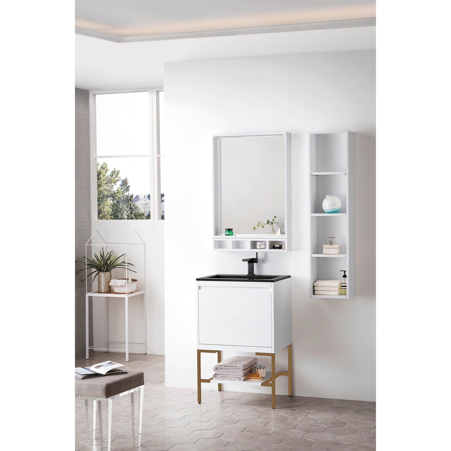 James Martin Vanities Milan 23.6" Glossy White, Radiant Gold Single Vanity Cabinet With Charcoal Black Composite Top