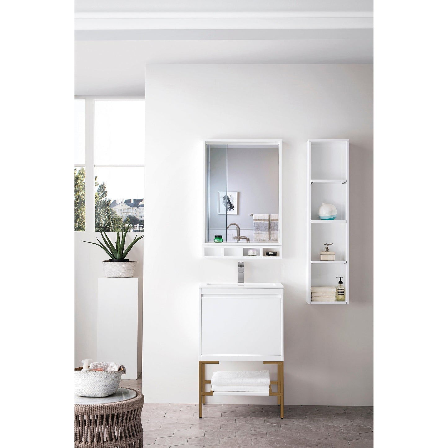 James Martin Vanities Milan 23.6" Glossy White, Radiant Gold Single Vanity Cabinet With Glossy White Composite Top