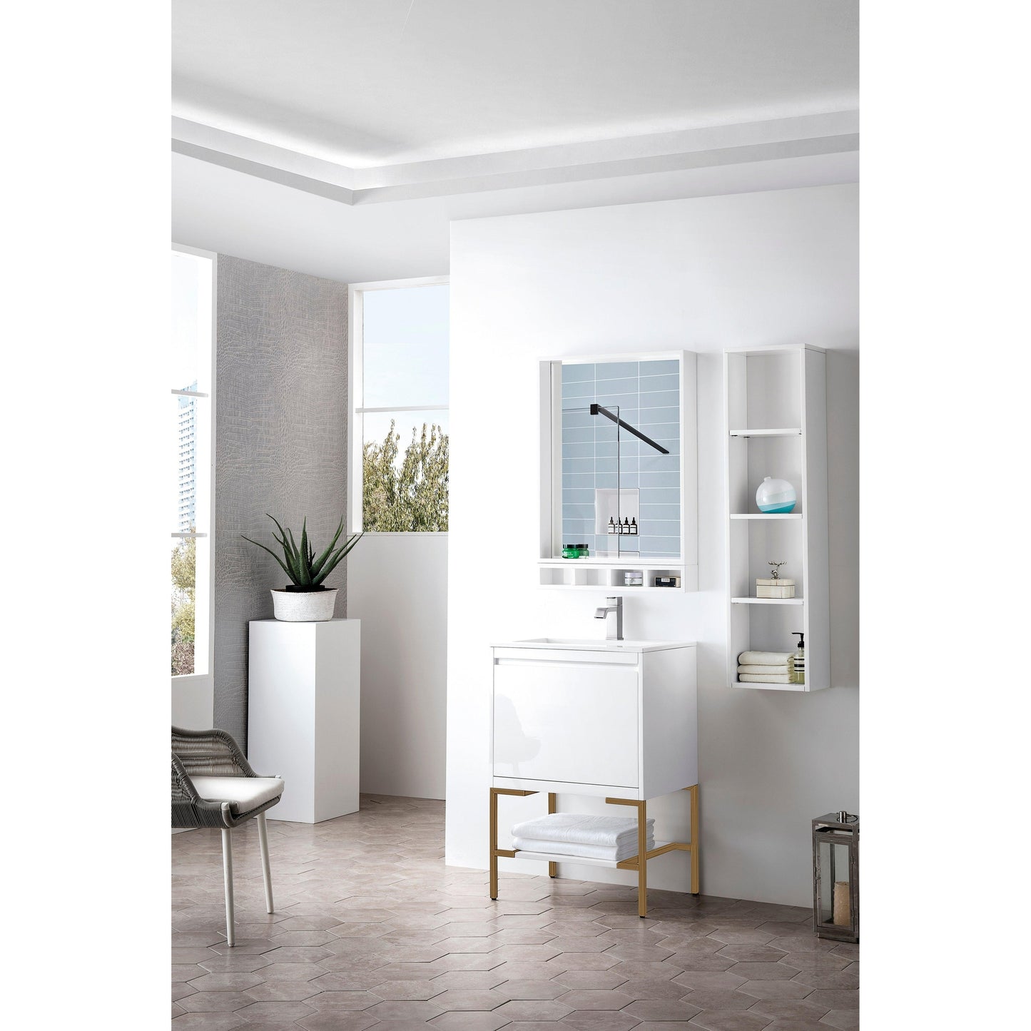 James Martin Vanities Milan 23.6" Glossy White, Radiant Gold Single Vanity Cabinet With Glossy White Composite Top