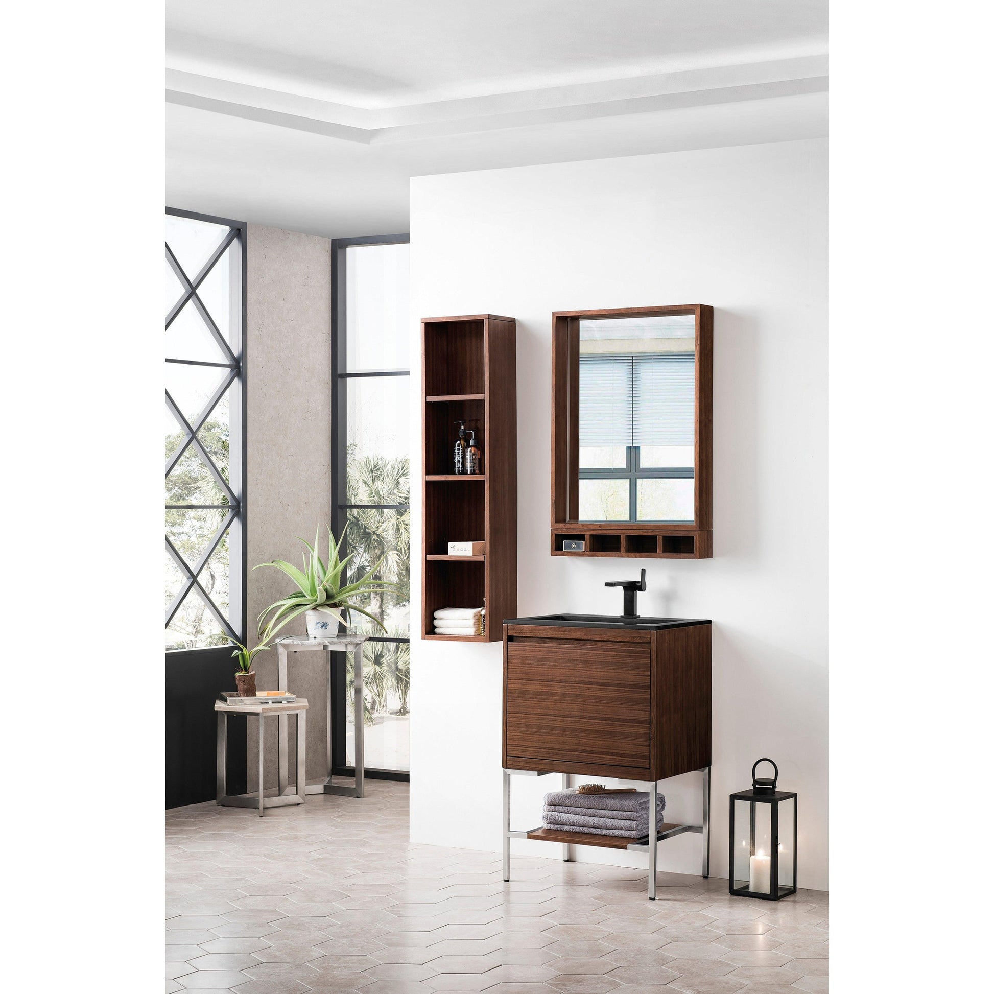 James Martin Vanities Milan 23.6" Mid Century Walnut, Brushed Nickel Single Vanity Cabinet With Charcoal Black Composite Top