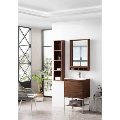 James Martin Vanities Milan 23.6" Mid Century Walnut, Brushed Nickel Single Vanity Cabinet With Glossy White Composite Top