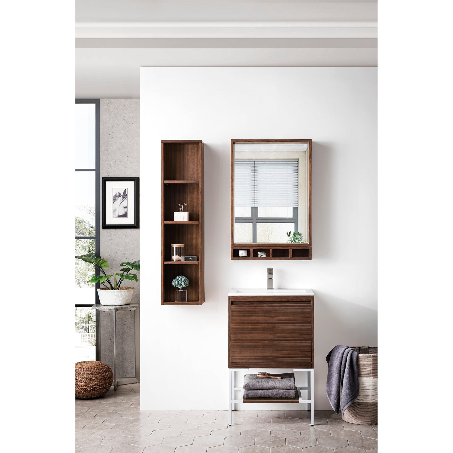 James Martin Vanities Milan 23.6" Mid Century Walnut, Glossy White Single Vanity Cabinet With Glossy White Composite Top