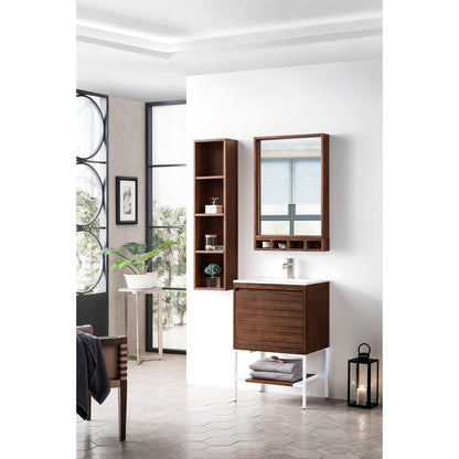 James Martin Vanities Milan 23.6" Mid Century Walnut, Glossy White Single Vanity Cabinet With Glossy White Composite Top