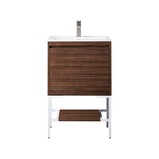 James Martin Vanities Milan 23.6" Mid Century Walnut, Glossy White Single Vanity Cabinet With Glossy White Composite Top