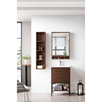 James Martin Vanities Milan 23.6" Mid Century Walnut, Matte Black Single Vanity Cabinet With Glossy White Composite Top