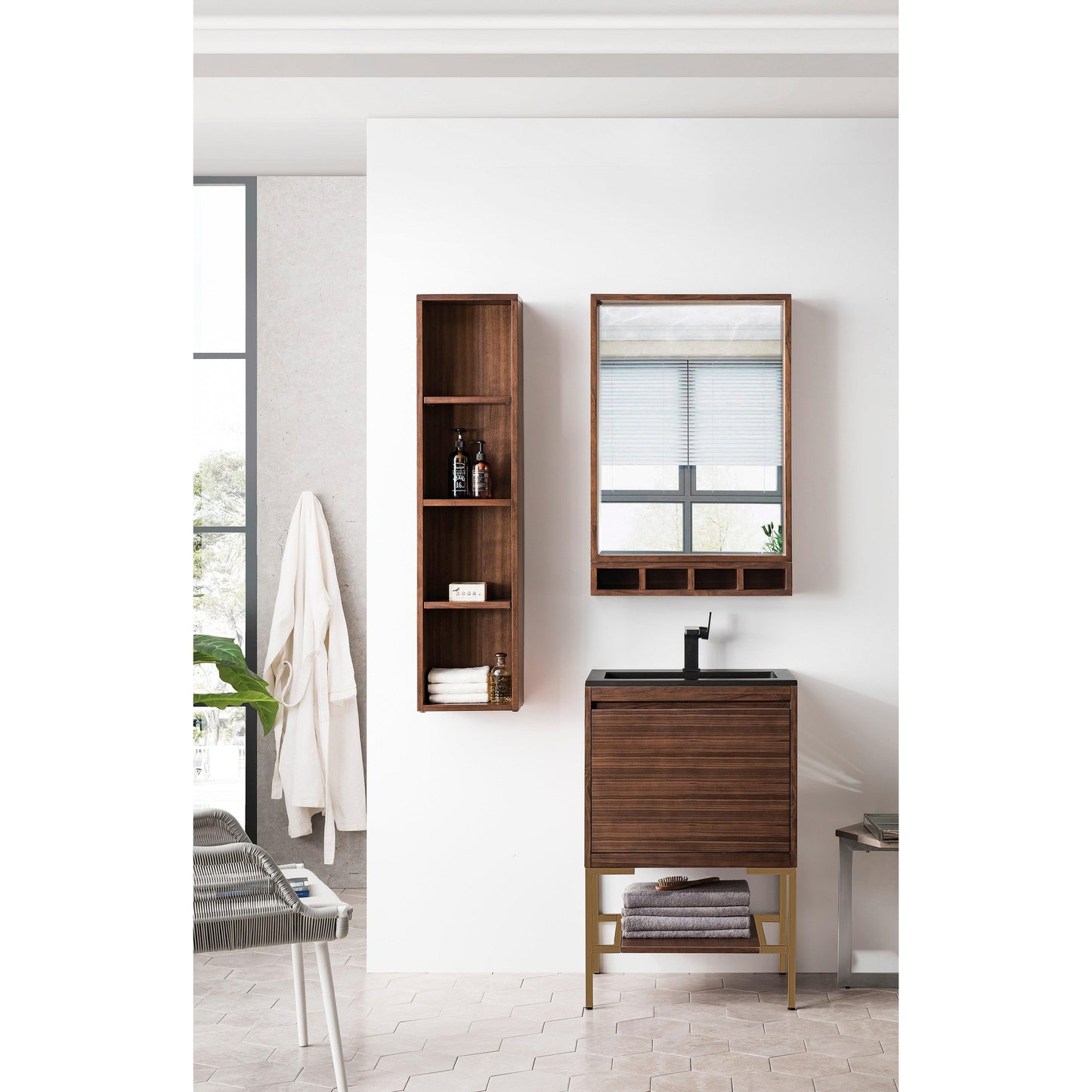 James Martin Vanities Milan 23.6" Mid Century Walnut, Radiant Gold Single Vanity Cabinet With Charcoal Black Composite Top