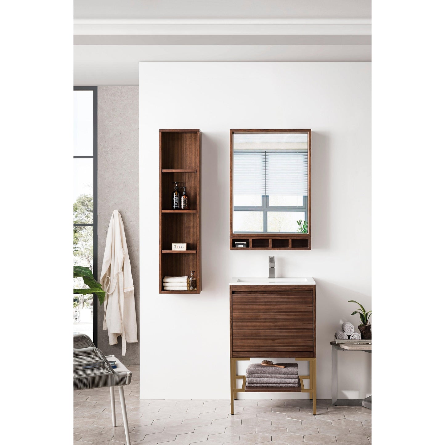 James Martin Vanities Milan 23.6" Mid Century Walnut, Radiant Gold Single Vanity Cabinet With Glossy White Composite Top