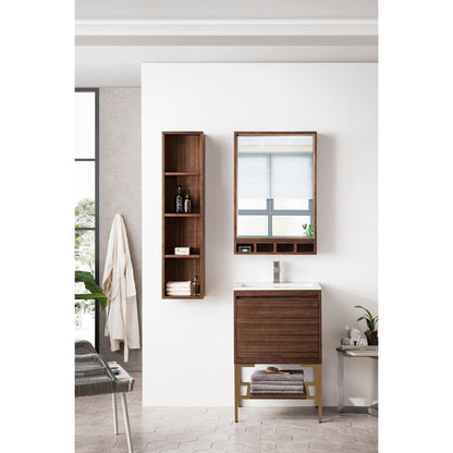 James Martin Vanities Milan 23.6" Mid Century Walnut, Radiant Gold Single Vanity Cabinet With Glossy White Composite Top