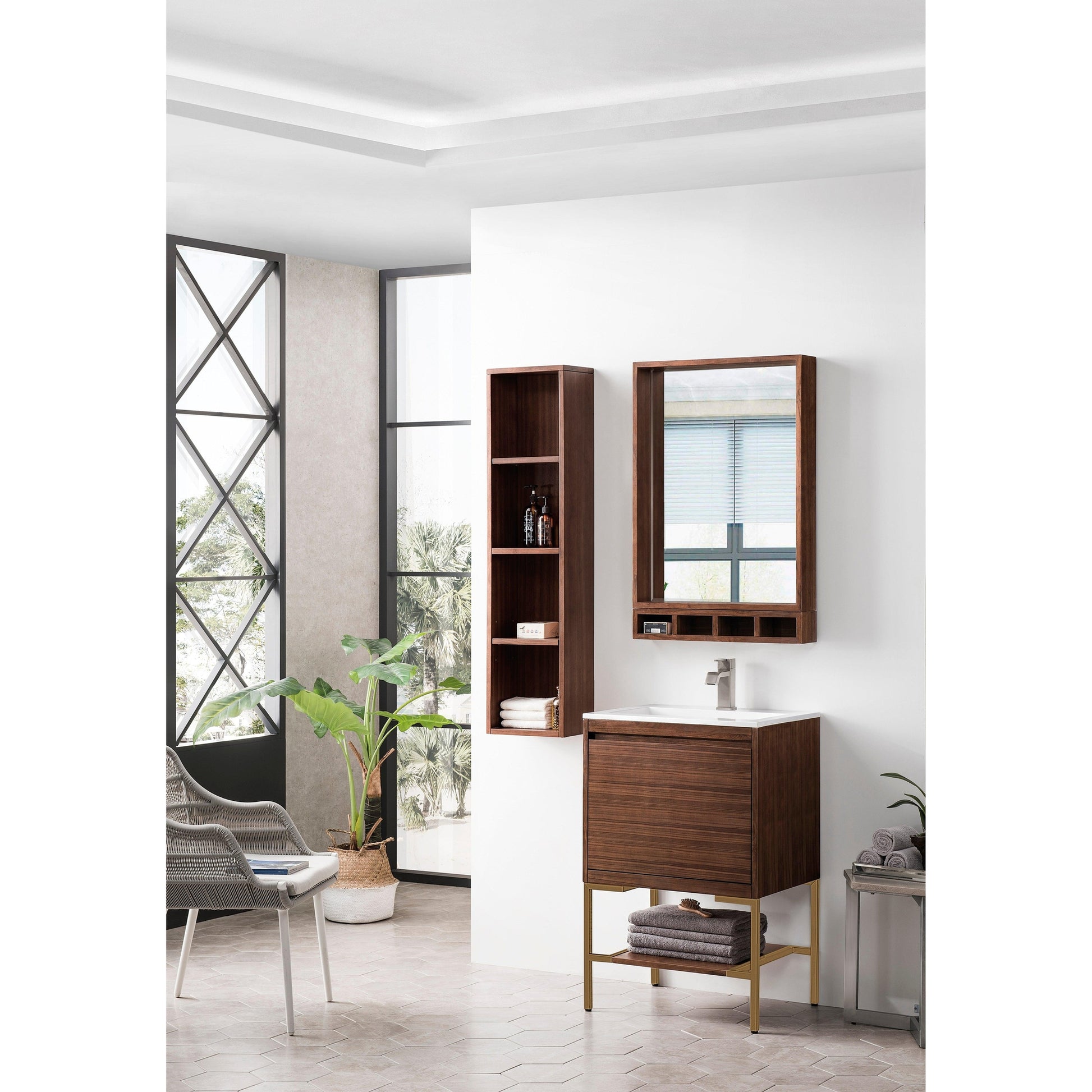 James Martin Vanities Milan 23.6" Mid Century Walnut, Radiant Gold Single Vanity Cabinet With Glossy White Composite Top