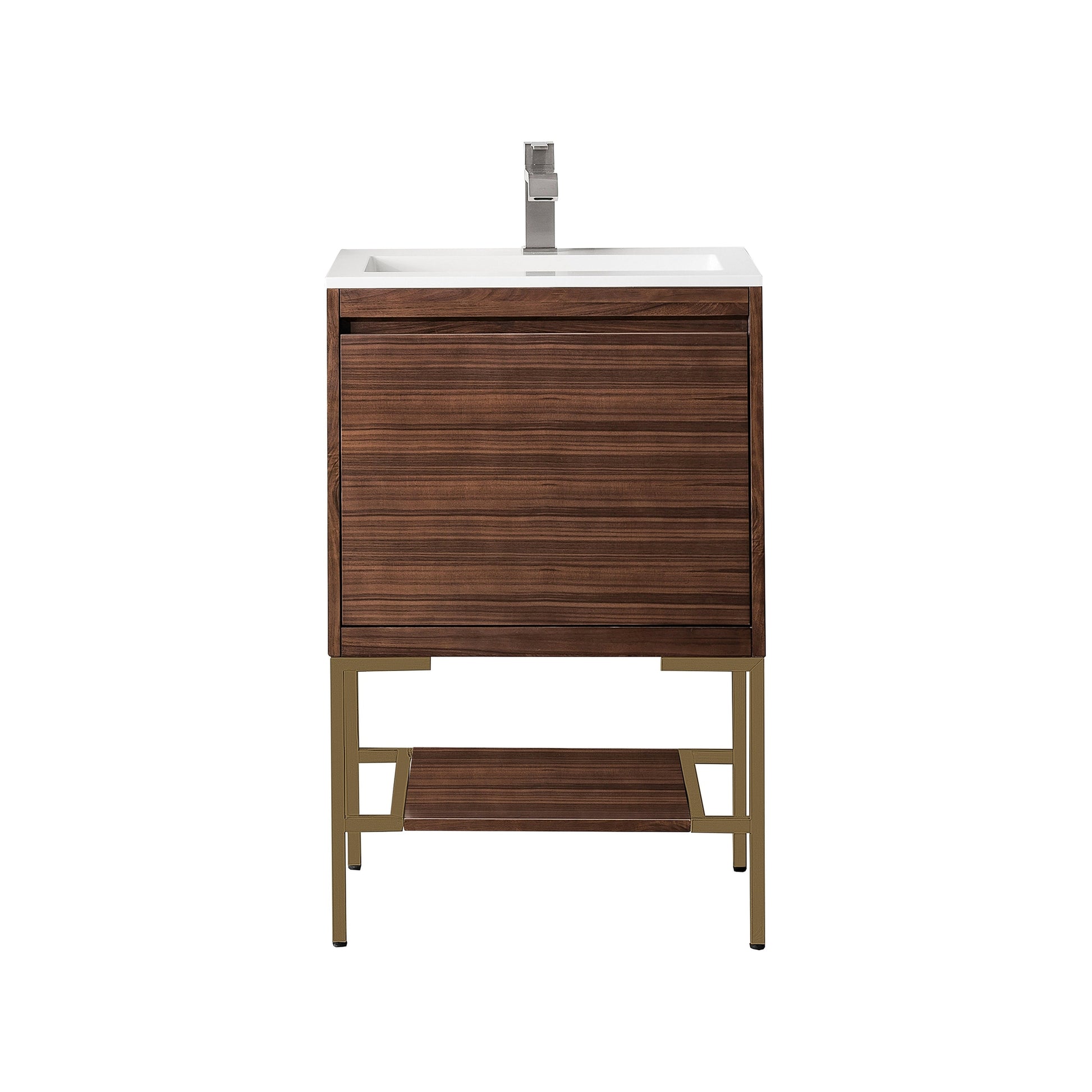 James Martin Vanities Milan 23.6" Mid Century Walnut, Radiant Gold Single Vanity Cabinet With Glossy White Composite Top