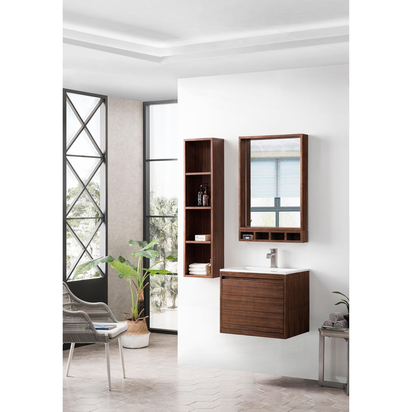 James Martin Vanities Milan 23.6" Mid Century Walnut Single Vanity Cabinet With Glossy White Composite Top