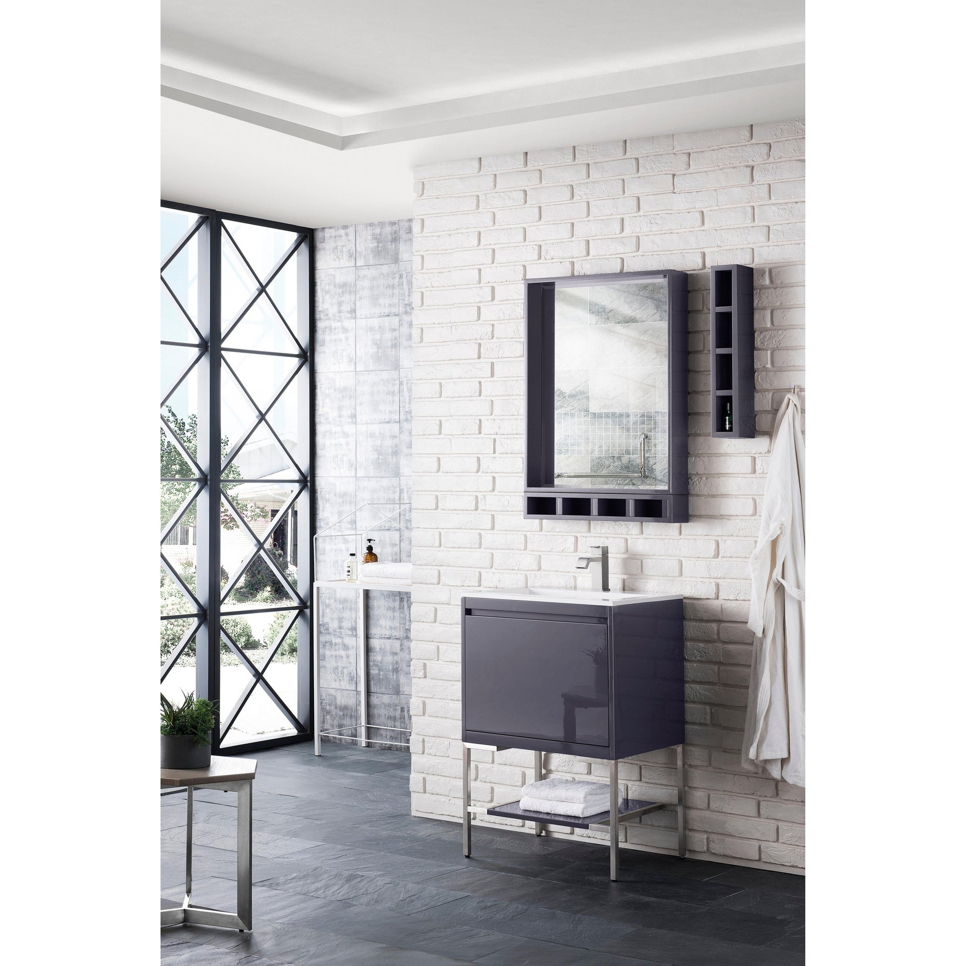 James Martin Vanities Milan 23.6" Modern Grey Glossy, Brushed Nickel Single Vanity Cabinet With Glossy White Composite Top