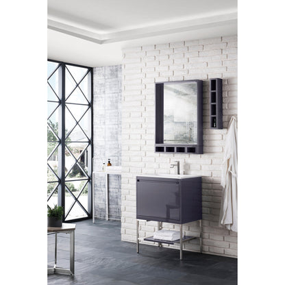 James Martin Vanities Milan 23.6" Modern Grey Glossy, Brushed Nickel Single Vanity Cabinet With Glossy White Composite Top