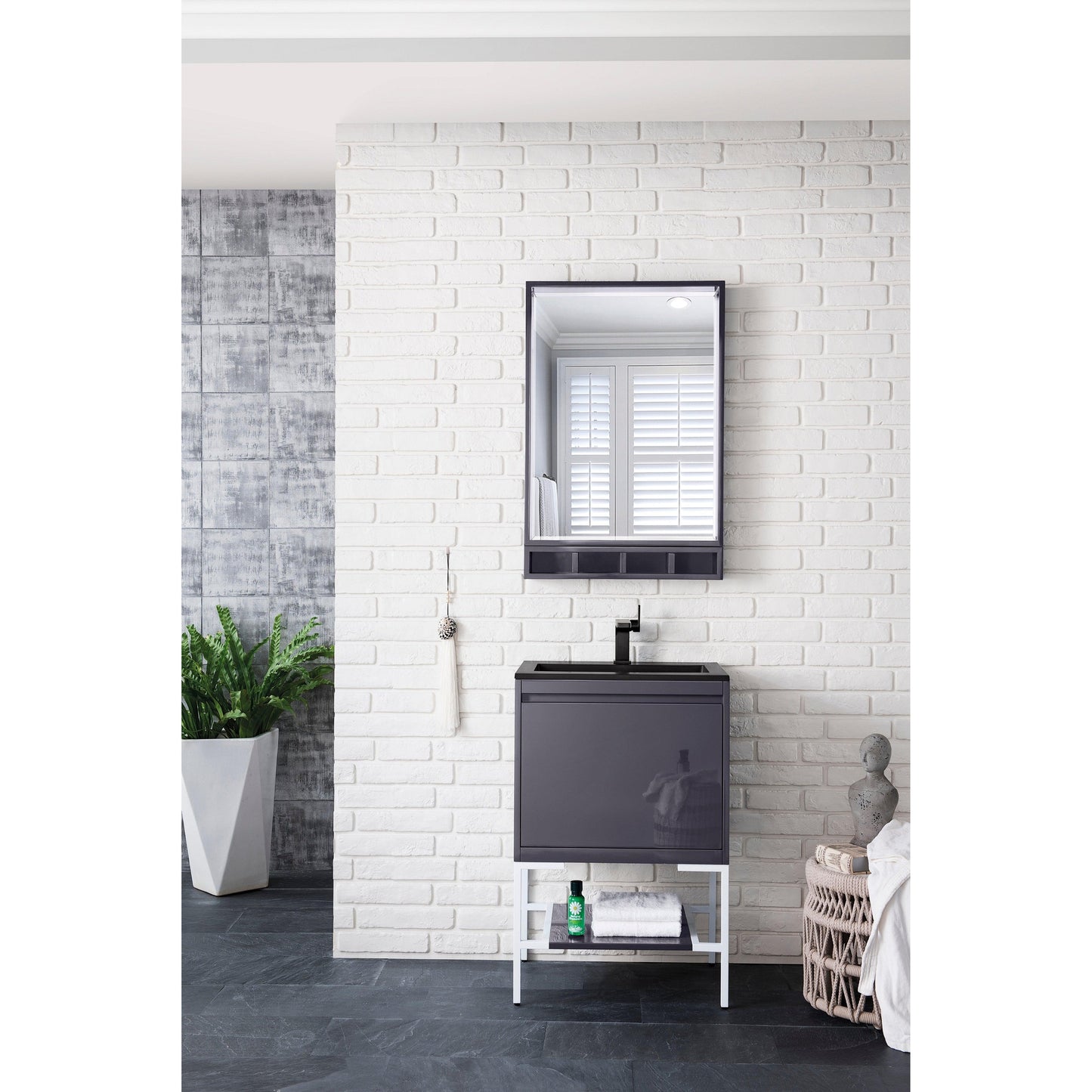 James Martin Vanities Milan 23.6" Modern Grey Glossy, Glossy White Single Vanity Cabinet With Charcoal Black Composite Top